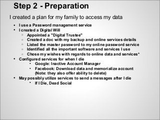 Step 2 - Preparation
I created a plan for my family to access my data
• I use a Password management service
• I created a ...