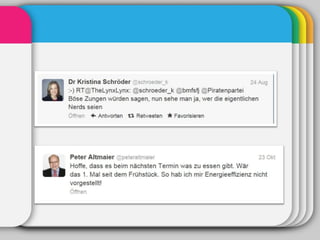 Überlebensdauer einer Webseite: 77 Tage
                                          * laut The Internet Archive




Überlebensdauer eines Tweets: 9 Tage #suchbar
 