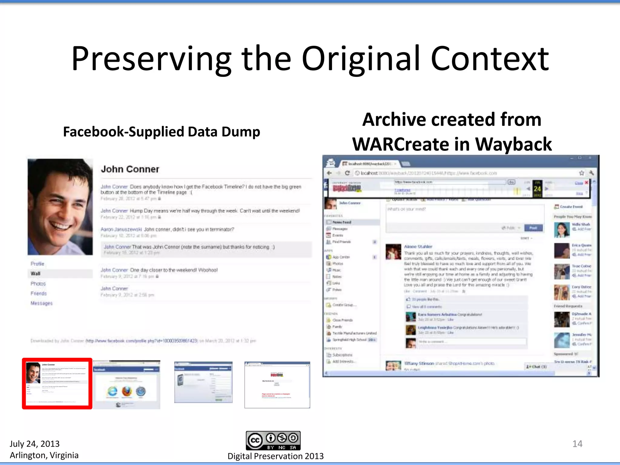 Preserving the Original Context
14
Facebook-Supplied Data Dump
Archive created from
WARCreate in Wayback
July 24, 2013
Arlington, Virginia Digital Preservation 2013
 