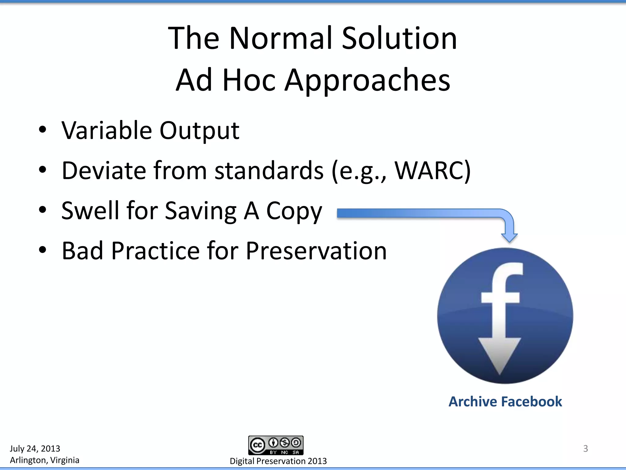 The Normal Solution
Ad Hoc Approaches
• Variable Output
• Deviate from standards (e.g., WARC)
• Swell for Saving A Copy
• Bad Practice for Preservation
3July 24, 2013
Arlington, Virginia Digital Preservation 2013
Archive Facebook
 