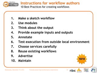 Instructions for workflow authors
                      10 Best Practices for creating workflows



        1.         Mak...