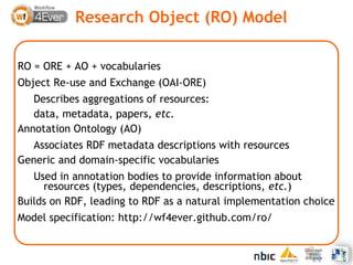 Research Object (RO) Model

RO = ORE + AO + vocabularies
Object Re-use and Exchange (OAI-ORE)
   Describes aggregations of...