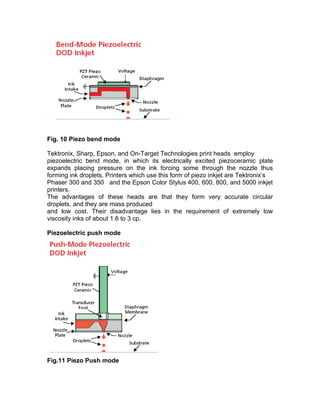 Fig. 10 Piezo bend mode

Tektronix, Sharp, Epson, and On-Target Technologies print heads employ
piezoelectric bend mode, in which its electrically excited piezoceramic plate
expands placing pressure on the ink forcing some through the nozzle thus
forming ink droplets. Printers which use this form of piezo inkjet are Tektronix’s
Phaser 300 and 350 and the Epson Color Stylus 400, 600, 800, and 5000 inkjet
printers.
The advantages of these heads are that they form very accurate circular
droplets, and they are mass produced
and low cost. Their disadvantage lies in the requirement of extremely low
viscosity inks of about 1.6 to 3 cp.

Piezoelectric push mode




Fig.11 Piezo Push mode
 