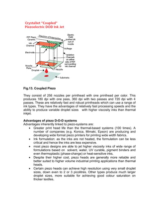 Fig.13. Coupled Piezo

They consist of 256 nozzles per printhead with one printhead per color. This
produces 180 dpi with one pass, 360 dpi with two passes and 720 dpi with 4
passes. These are relatively fast and robust printheads which can use a range of
ink types. They have the advantages of relatively fast processing speeds and the
ability to produce variable droplet sizes with higher viscosity inks than thermal
inkjet.

Advantages of piezo D-O-D systems
Advantages inherently linked to piezo-systems are:
   • Greater print head life than the thermal-based systems (100 times). A
      number of companies (e.g. Konica, Mimaki, Epson) are producing and
      developing wide format piezo printers for printing wide width fabrics.
   • Ink formulation: as the inks are not heated, the formulation can be less
      critical and hence the inks are less expensive.
   • most piezo designs are able to jet higher viscosity inks of wide range of
      formulations based on solvent, water, UV curable, pigment binders and
      even thermoplastic (phase-change) or heat-sensitive inks.
   • Despite their higher cost, piezo heads are generally more reliable and
      better suited to higher volume industrial printing applications than thermal
      heads.
   • Certain piezo heads can achieve high resolution using very small droplet
      sizes, down even to 2 or 3 picolitres. Other types produce much larger
      droplet sizes, more suitable for achieving good colour saturation on
      thicker textiles.
 