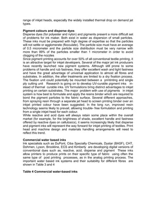 range of inkjet heads, especially the widely installed thermal drop on demand jet
types.

Pigment colours and disperse dyes
Disperse dyes (for polyester and nylon) and pigments present a more difficult set
of problems for ink maker. Both exist in water as dispersion of small particles.
These inks must be prepared with high degree of expertise so that the particles
will not settle or agglomerate (flocculate). The particle size must have an average
of 0.5 micrometer and the particle size distribution must be very narrow with
more than 99% of the particles smaller than 1 micrometer in order to avoid
clogging of the nozzles
Since pigment printing accounts for over 50% of all conventional textile printing, it
is an attractive target for inkjet developers. Several of the major jet ink producers
have recently launched new pigment systems. Although still prone to some
problems of handle and rub fastness, they offer excellent wash and light fastness
and have the great advantage of universal application to almost all fibres and
substrates. In addition, the after treatments are limited to a dry fixation process.
The fixation unit could potentially be mounted between a printinting and single
ply cutting unit Research is going on to develop UV-curable pigment inks in-
stead of thermal curable inks. UV formulations bring distinct advantages to inkjet
printing on certain substrates. The major problem with use of pigments in inkjet
system is how best to formulate and apply the resins binder which are required to
bond the pigment particles to the fabric surface. Several different approaches,
from spraying resin through a separate jet head to screen printing binder over an
inkjet printed colour have been suggested. In the long run, improved resin
technology seems likely to prevail, allowing trouble- free formulation and printing
from a single inkjet head for each colour.
While reactive and acid dyes will always retain some place within the overall
market (for example, for the brightness of shade, excellent handle and fastness
offered by reactive dyes on cellulosics), it seems increasingly likely that disperse
and pigment inks will represent the way forward for inkjet printing of textiles. Print
head and machine design and materials handling arrangements will need to
reflect this trend.

Commercial water based inks
Ink specialists such as DuPont, Ciba Specialty Chemicals, Dystar (BASF), CHT,
Dohmen, Lyson, Brookline, ECS and Kimberly are developing digital versions of
conventional dyes such as, reactive, acid, disperse and pigment These inks
allow printers to produce prints on their specific type of fabric using often the
same type of post printing processes, as in the analog printing process. The
important water based ink systems and their suitability for different fibres are
shown in Table 3 and 4

Table 4 Commercial water-based inks
 