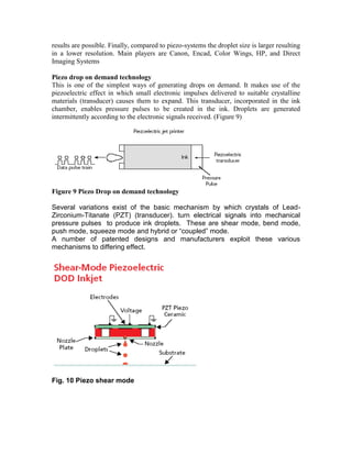 results are possible. Finally, compared to piezo-systems the droplet size is larger resulting
in a lower resolution. Main players are Canon, Encad, Color Wings, HP, and Direct
Imaging Systems

Piezo drop on demand technology
This is one of the simplest ways of generating drops on demand. It makes use of the
piezoelectric effect in which small electronic impulses delivered to suitable crystalline
materials (transducer) causes them to expand. This transducer, incorporated in the ink
chamber, enables pressure pulses to be created in the ink. Droplets are generated
intermittently according to the electronic signals received. (Figure 9)




Figure 9 Piezo Drop on demand technology

Several variations exist of the basic mechanism by which crystals of Lead-
Zirconium-Titanate (PZT) (transducer). turn electrical signals into mechanical
pressure pulses to produce ink droplets. These are shear mode, bend mode,
push mode, squeeze mode and hybrid or “coupled” mode.
A number of patented designs and manufacturers exploit these various
mechanisms to differing effect.




Fig. 10 Piezo shear mode
 
