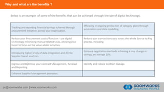Why and what are the benefits ?
pc@xoomworks.com | www.xoomworks.com
Tracking and reporting financial savings achieved through
procurement initiatives across your organisation.
Efficiency in ongoing production of category plans through
automation and data modelling.
Reduce your Procurement cost of function - use digital
technology minimising manual related tasks, allowing your
buyer to focus on the value added activities.
Reduce your transaction costs across the whole Source to Pay
process, including
Introducing higher levels of data integration and AI into
Supplier Spend analytics,
Enhance negotiation methods achieving a step change in
savings, on average 20%.
Digitise and Optimise your Contract Management, Renewal
and Reporting.
Identify and reduce Contract leakage.
Enhance Supplier Management processes.
Below is an example of some of the benefits that can be achieved through the use of digital technology.
 