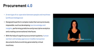 • A new type of co-operationbetween people and machines
(artificial intelligence)
• Designed to perform complex tasks that were previously
impossible, such as developing new knowledge and
insights, performing predictive and prescriptive analytics
and creating conversational interfaces.
• With the help of cognitive procurement systems, human
workers will simply approve or modify transaction
documents that are entirely generated by virtual
machines.
Procurement 4.0
 