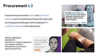 In operationalprocurementrobots and automated
solutions such as touchless purchase order approvals
are changing the landscape, with an expected 30%
workforce reduction in the medium term.
VIRTUAL PERSONAL
ASSISTANTS
Ada offers an “instant response to
any requests related to
transactions, procurement,
spend, payments etc.”
Procurement 4.0
 
