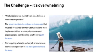 • “Analytics is now a mainstream idea, but not a
mainstream practice”
• The sheer number of available technologies that
must be evaluated for their usefulness and then
implemented has prevented procurement
organisationsfrom building an effective path
forward
• Not knowing where to go has left procurement
teams in the positionof not being able to move
forward
The Challenge – it’s overwhelming
 