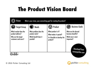 © 2016 Pichler Consulting Ltd
Target Group ProductNeeds Business Goals
Vision
Which market does the
product address?
Who are the target
customers and users?
What problem does the
product solve?
Which benefit does it
provide?
What product is it?
What makes it special?
Is it feasible to develop the
product?
What are the desired
business benefits?
Which one is most
important?
What is your vision, your overarching goal for creating the product?
© 2016 Pichler Consulting Ltd
The Product Vision Board
 