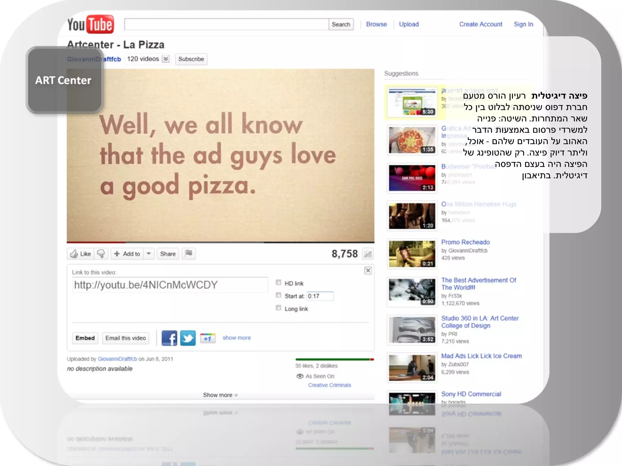 פיצה דיגיטלית  רעיון הורס מטעם חברת דפוס שניסתה לבלוט בין כל שאר המתחרות .  השיטה :  פנייה למשרדי פרסום באמצעות הדבר האהוב על העובדים שלהם  -  אוכל ,  וליתר דיוק פיצה .  רק שהטופינג של הפיצה היה בעצם הדפסה דיגיטלית .  בתיאבון 