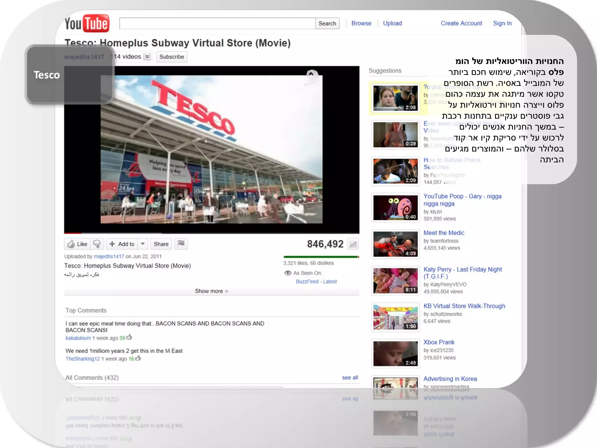 החנויות הווריטואליות של הומ פלס  בקוריאה ,  שימוש חכם ביותר של המובייל באסיה .  רשת הסופרים טקסו אשר מיתגה את עצמה כהום פלוס וייצרה חנויות וירטואליות על גבי פוסטרים ענקיים בתחנות רכבת – במשך החניות אנשים יכולים לרכוש על ידי סריקת קיו אר קוד בסלולר שלהם – והמוצרים מגיעים הביתה 