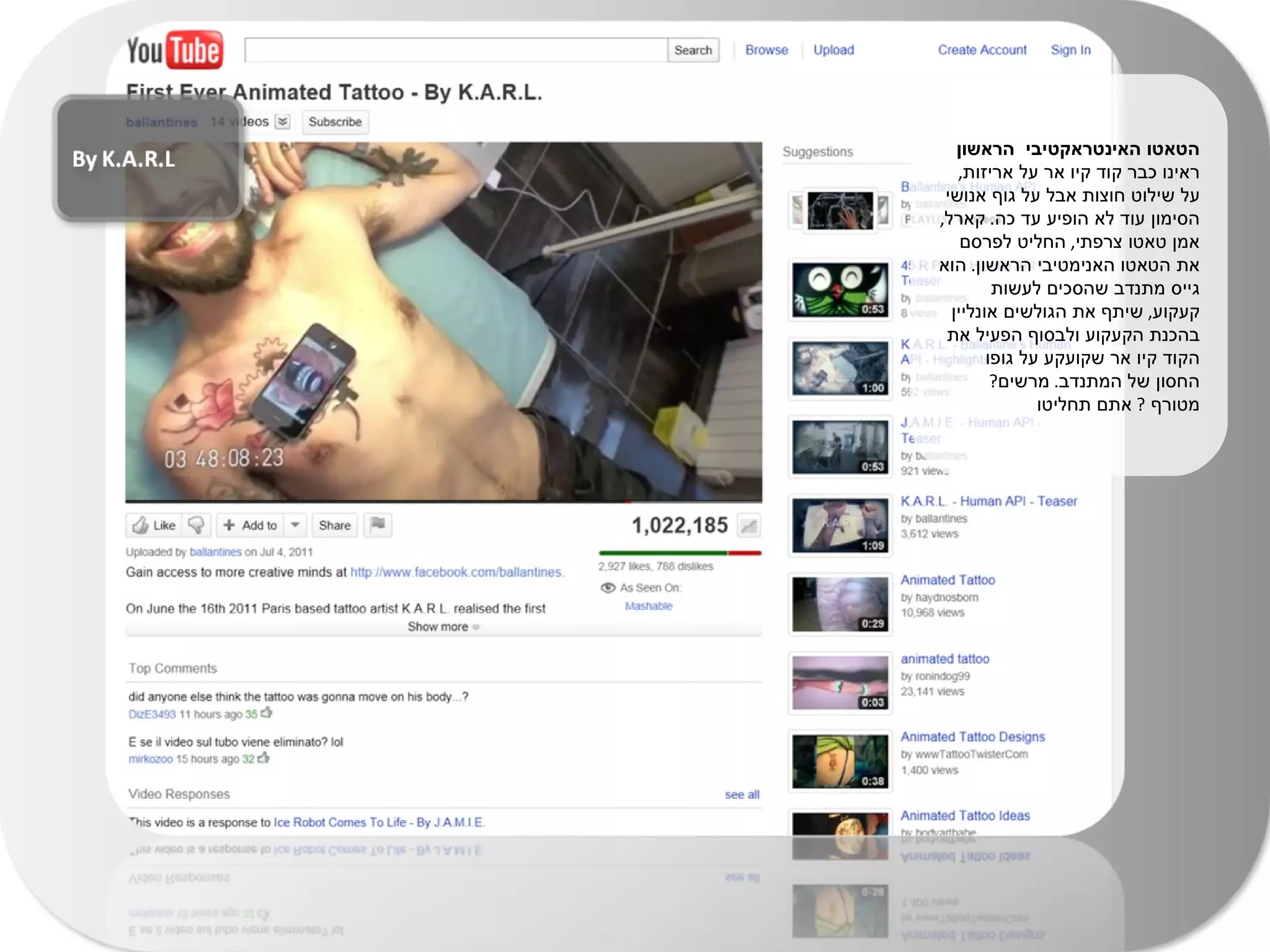 הטאטו האינטראקטיבי  הראשון  ראינו כבר קוד קיו אר על אריזות ,  על שילוט חוצות אבל על גוף אנושי הסימון עוד לא הופיע עד כה .  קארל ,  אמן טאטו צרפתי ,  החליט לפרסם את הטאטו האנימטיבי הראשון .  הוא גייס מתנדב שהסכים לעשות קעקוע ,  שיתף את הגולשים אונליין בהכנת הקעקוע ולבסוף הפעיל את הקוד קיו אר שקועקע על גופו החסון של המתנדב .  מרשים ?  מטורף  ?  אתם תחליטו  