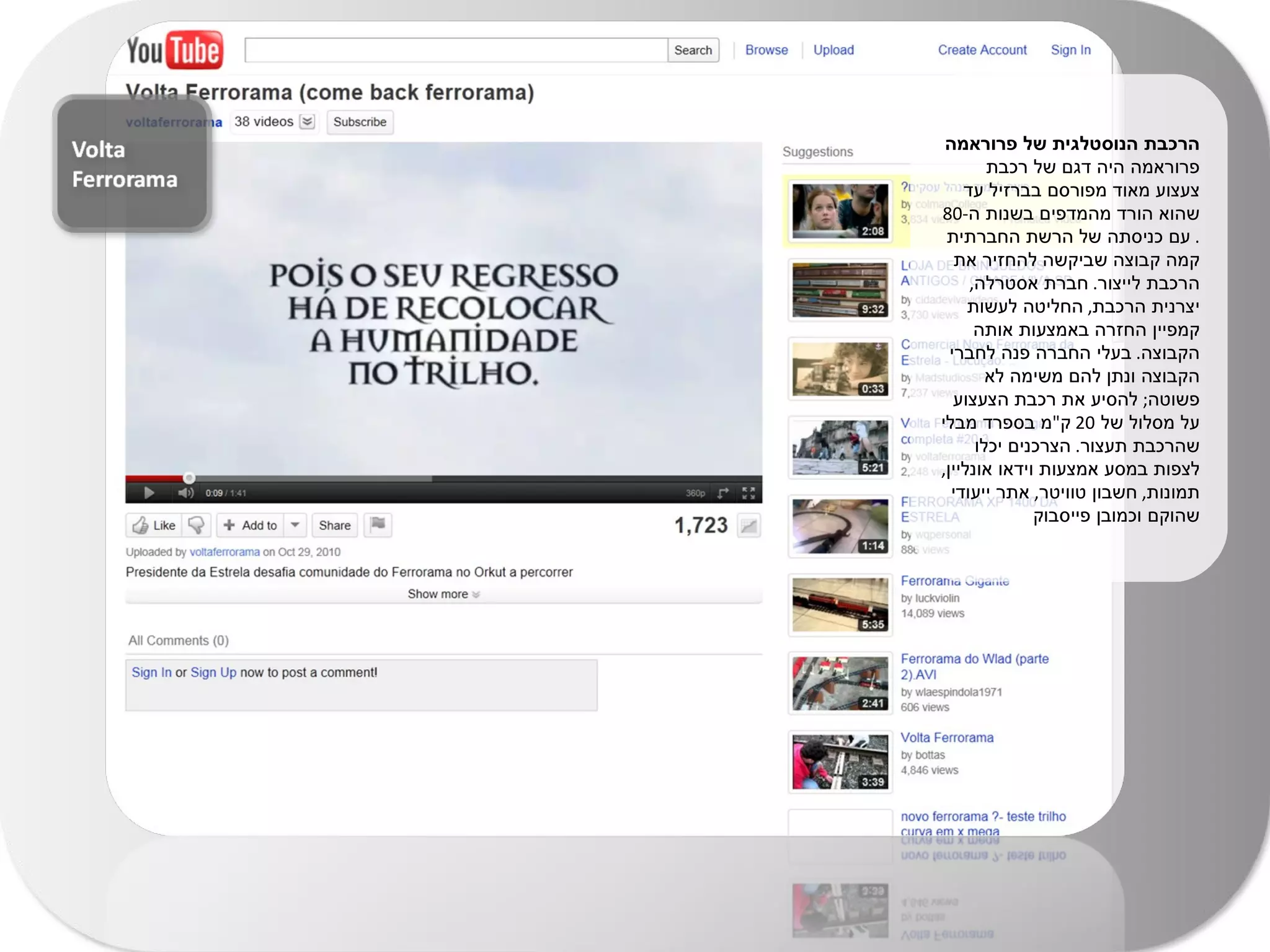 הרכבת הנוסטלגית של פרוראמה  פרוראמה היה דגם של רכבת צעצוע מאוד מפורסם בברזיל עד שהוא הורד מהמדפים בשנות ה -80 .  עם כניסתה של הרשת החברתית קמה קבוצה שביקשה להחזיר את הרכבת לייצור .  חברת אסטרלה ,  יצרנית הרכבת ,  החליטה לעשות קמפיין החזרה באמצעות אותה הקבוצה .  בעלי החברה פנה לחברי הקבוצה ונתן להם משימה לא פשוטה ;  להסיע את רכבת הצעצוע על מסלול של  20  ק " מ בספרד מבלי שהרכבת תעצור .  הצרכנים יכלו לצפות במסע אמצעות וידאו אונליין ,  תמונות ,  חשבון טוויטר ,  אתר ייעודי שהוקם וכמובן פייסבוק  