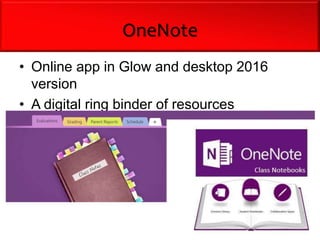 OneNote
• Online app in Glow and desktop 2016
version
• A digital ring binder of resources
 