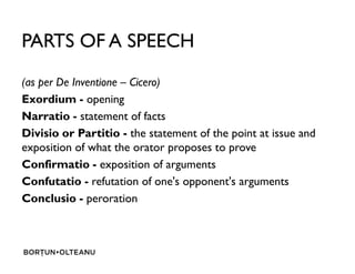 PARTS OF A SPEECH
(as per De Inventione C Cicero)
Exordium - opening
Narratio - statement of facts
Divisio or Partitio - the statement of the point at issue andDivisio or Partitio - the statement of the point at issue and
exposition of what the orator proposes to prove
Confirmatio - exposition of arguments
Confutatio - refutation of one's opponent's arguments
Conclusio - peroration
 