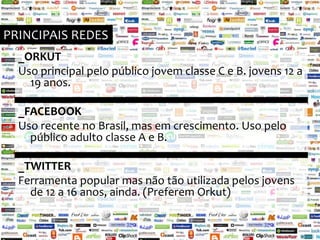 PRINCIPAIS REDES_ORKUTUso principal pelo público jovem classe C e B. jovens 12 a 19 anos._FACEBOOKUso recente no Brasil, mas em crescimento. Uso pelo público adulto classe A e B._TWITTERFerramenta popular mas não tão utilizada pelos jovens de 12 a 16 anos, ainda. (Preferem Orkut)