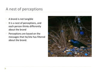 A nest of perceptions <ul><li>A brand is not tangible  </li></ul><ul><li>It is a nest of perceptions, and each person thin...