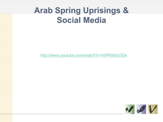 Arab Spring Uprisings &
Social Media
http://www.youtube.com/watch?v=lnPR90dJ3Gk
 