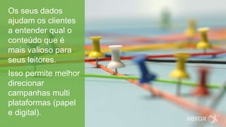 Os seus dados
ajudam os clientes
a entender qual o
conteúdo que é
mais valioso para
seus leitores.
Isso permite melhor
direcionar
campanhas multi
plataformas (papel
e digital).
 