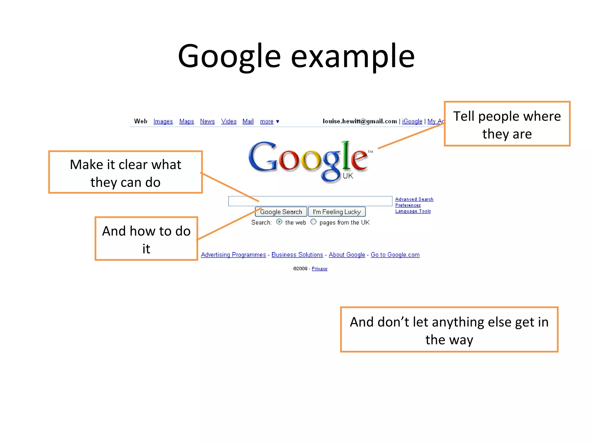 Google example Tell people where they are Make it clear what they can do And how to do it And don’t let anything else get in the way 