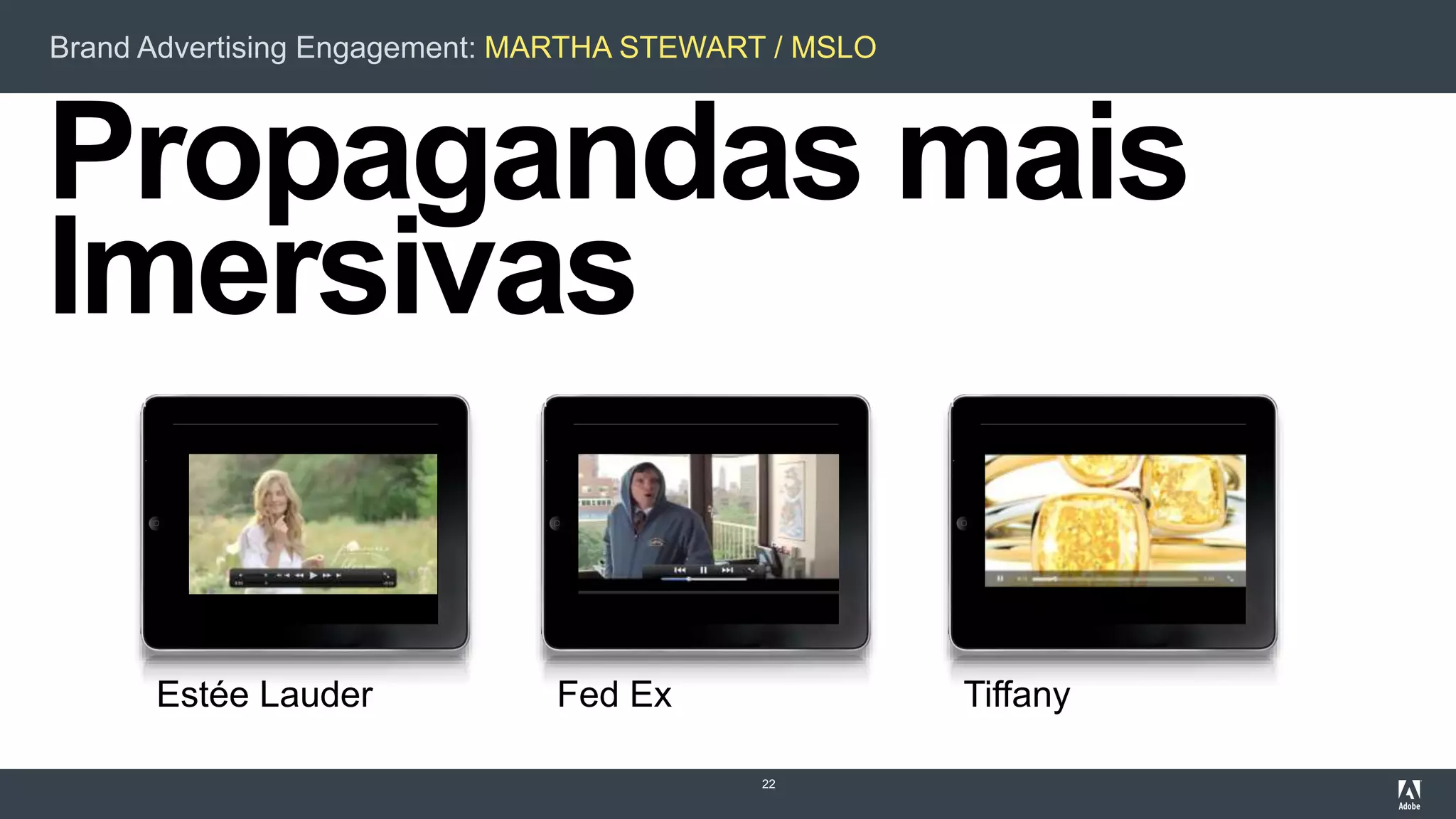 Brand Advertising Engagement: MARTHA STEWART / MSLO
Propagandas mais
Imersivas
22
Estée Lauder Fed Ex Tiffany
 
