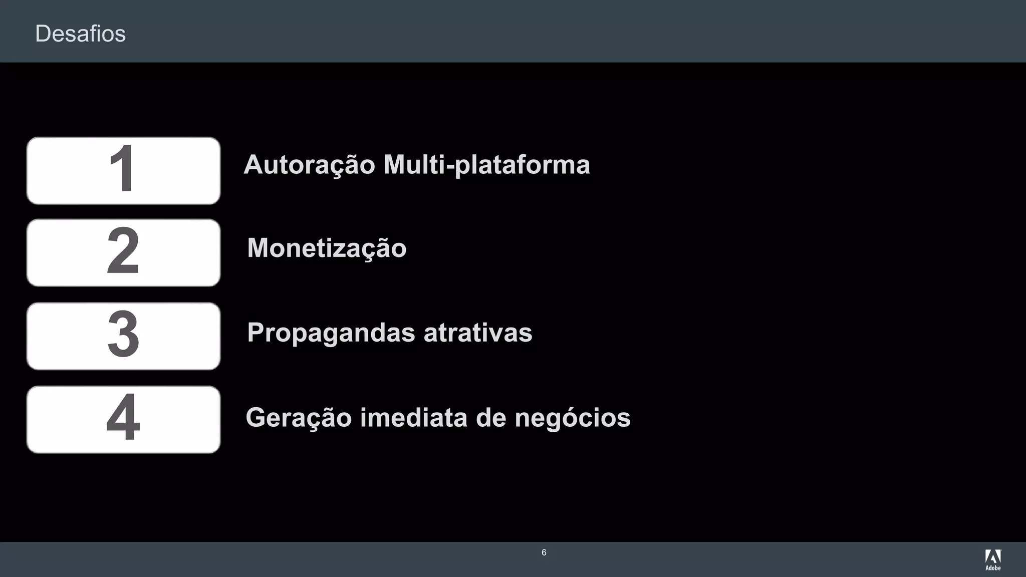 Desafios
6
1
2
3
4
Autoração Multi-plataforma
Monetização
Propagandas atrativas
Geração imediata de negócios
 