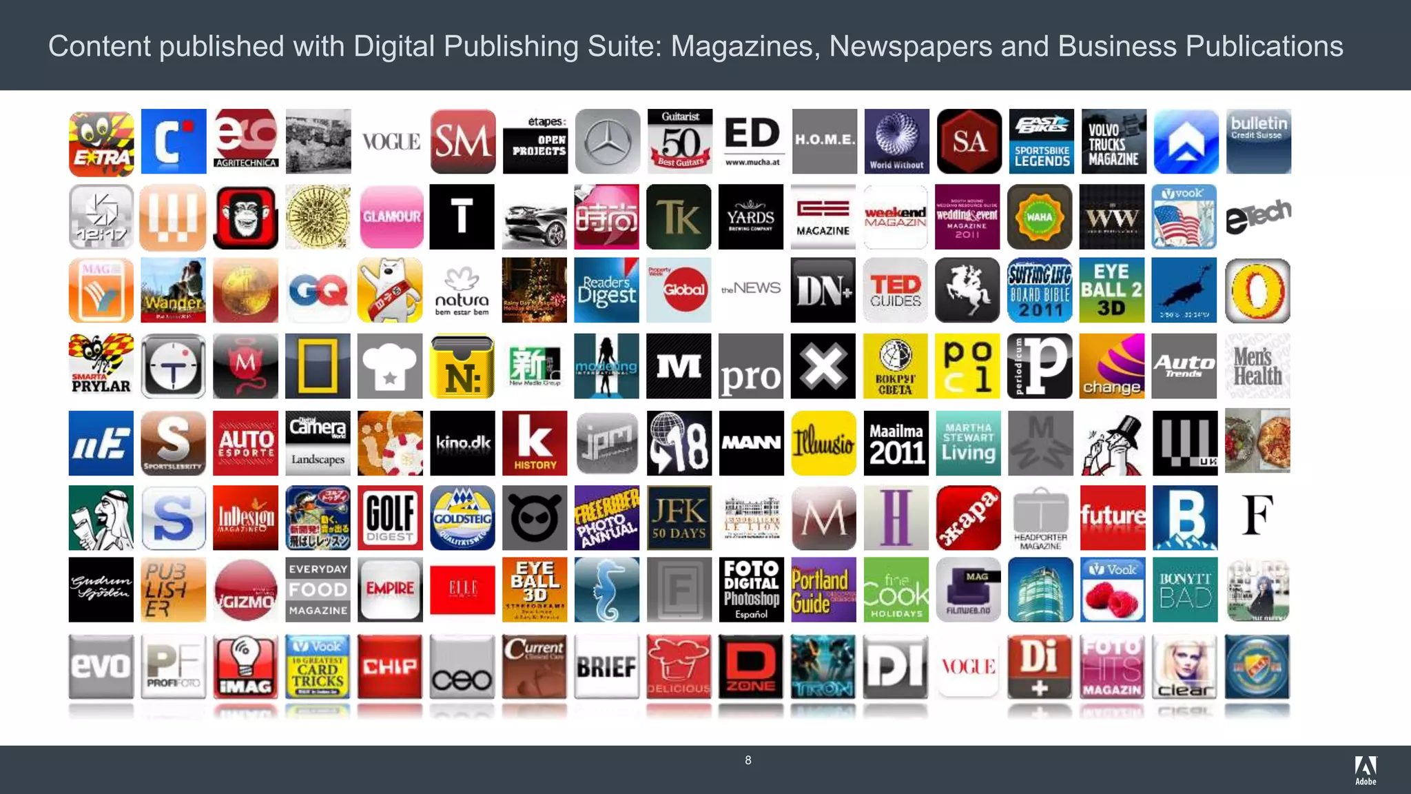 Content published with Digital Publishing Suite: Magazines, Newspapers and Business Publications
8
 