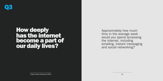 Q3


     How deeply                    Approximately how much
     has the internet              time in the average week
                                   would you spend accessing
     become a part of              the internet, including
                                   emailing, instant messaging
     our daily lives?              and social networking?




         Pulse Check Summer 2010                31
 
