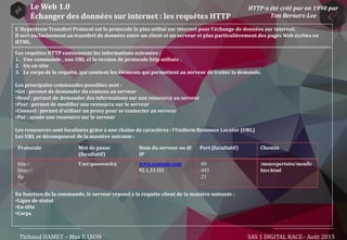 Le Web 1.0
Échanger des données sur internet : les requêtes HTTP
L’ Hypertexte Transfert Protocol est le protocole le plus utilisé sur internet pour l’échange de données sur internet.
Il sert exclusivement au transfert de données entre un client et un serveur et plus particulièrement des pages Web écrites en
HTML.
Protocole Mot de passe
(facultatif)
Nom du serveur ou @
IP
Port (facultatif) Chemin
http://
https://
ftp
…:/
User:password@ www.example.com
92.1.33.111
:80
:443
:21
…
/monrepertoire/monfic
hier.html
Les requêtes HTTP contiennent les informations suivantes :
1. Une commande , une URL et la version de protocole http utilisée .
2. Un en-tête
3. Le corps de la requête, qui contient les éléments qui permettent au serveur de traiter la demande.
Les principales commandes possibles sont :
•Get : permet de demander du contenu au serveur
•Head : permet de demander des informations sur une ressource au serveur
•Post : permet de modifier une ressource sur le serveur
•Connect : permet d’utiliser un proxy pour se connecter au serveur
•Put : ajoute une ressource sur le serveur
Les ressources sont localisées grâce à une chaîne de caractères : l’Uniform Ressouce Locator (URL)
Les URL se décomposent de la manière suivante :
En fonction de la commande, le serveur répond à la requête client de la manière suivante :
•Ligne de statut
•En-tête
•Corps
Thibaud HAMET – Max BARON SAS 1 DIGITAL RACE– Août 2015
HTTP a été créé par en 1990 par
Tim Berners-Lee
 