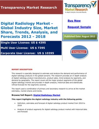 Transparency Market Research


                                                                            Buy Now
Digital Radiology Market -
Global Industry Size, Market                                                Request Sample

Share, Trends, Analysis, and
Forecasts 2012 - 2018                                                   Published Date: August 2012

Single User License: US $ 4395

Multi User License: US $ 7395
                                                                                  91 Pages Report
Corporate User License: US $ 10395




       REPORT DESCRIPTION

       This research is specially designed to estimate and analyze the demand and performance of
       digital radiology products in the global scenario. The research provides an in-depth analysis
       of digital radiology product manufacturers, product sales, trend analysis by segments, and
       demand by geography. The report covers all the major product segments of the global
       digital radiology market and provides in-depth analysis, historical data and statistically
       refined forecast for the segments covered.

       The report used a combination of primary and secondary research to arrive at the market
       estimates, market shares and trends.

       Browse full Report: Digital Radiology Market

       This report highlights the digital radiology industry with the following points:

              Definition, estimates and forecast of digital radiology product market from 2010 to
              2018

              Analysis of product segments for digital radiology product market with historical data
              and forecast
 