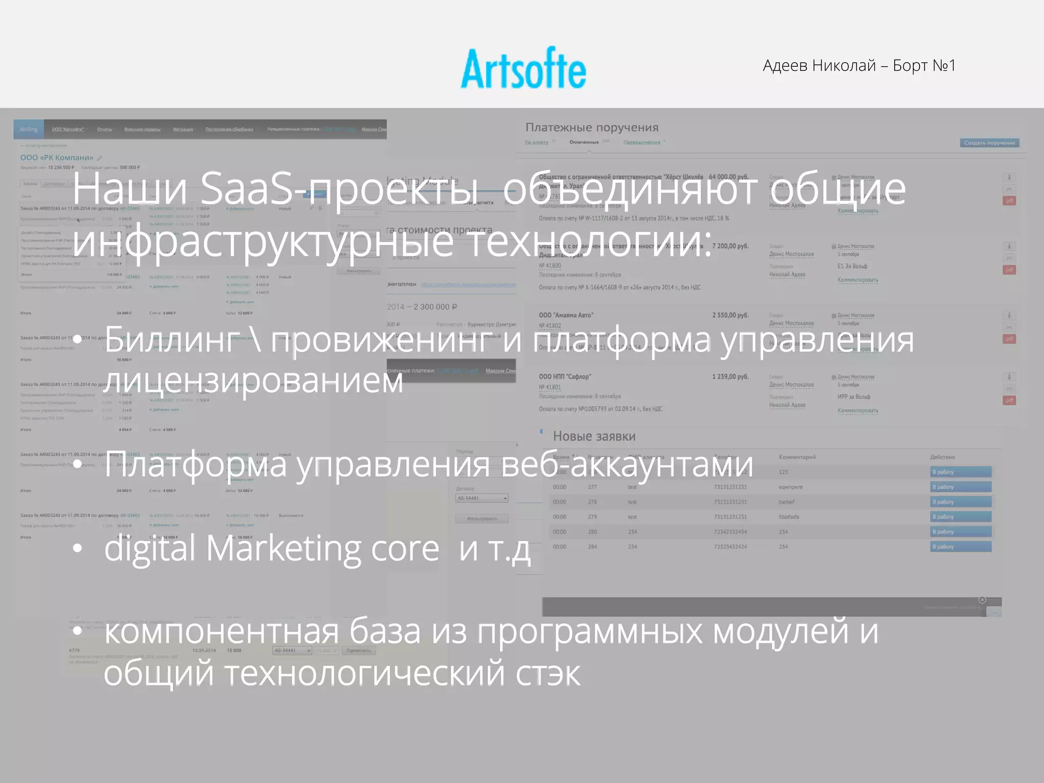 Адеев Николай – Борт №1
Наши SaaS-проекты объединяют общие
инфраструктурные технологии:
•  Биллинг  провиженинг и платформа управления
лицензированием
•  Платформа управления веб-аккаунтами
•  digital Marketing core и т.д
•  компонентная база из программных модулей и
общий технологический стэк
 