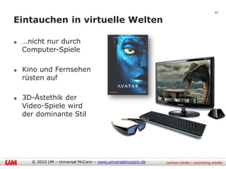 27

Eintauchen in virtuelle Welten

 …nicht nur durch
 Computer-Spiele

 Kino und Fernsehen
 rüsten auf

 3D-Ästethik der
 Video-Spiele wird
 der dominante Stil




   © 2010 UM – Universal McCann – www.universalmccann.de
 