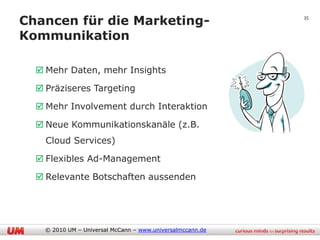 Chancen für die Marketing-                                  35


Kommunikation

   Mehr Daten, mehr Insights

   Präziseres Targeting

   Mehr Involvement durch Interaktion

   Neue Kommunikationskanäle (z.B.
    Cloud Services)

   Flexibles Ad-Management

   Relevante Botschaften aussenden




    © 2010 UM – Universal McCann – www.universalmccann.de
 