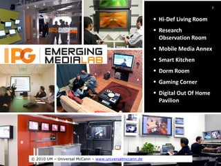 7


                                                             Hi-Def Living Room
                                                             Research
                                                              Observation Room
                                                             Mobile Media Annex
                                                             Smart Kitchen
                                                             Dorm Room
                                                             Gaming Corner
                                                             Digital Out Of Home
                                                              Pavilion




Video &
                                                            Gaming
Entertainment                                                 7
    © 2010 UM – Universal McCann – www.universalmccann.de
 
