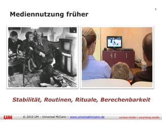 9

Mediennutzung früher




Stabilität, Routinen, Rituale, Berechenbarkeit

   © 2010 UM – Universal McCann – www.universalmccann.de
 