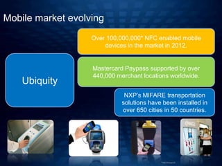 Mobile market evolving
                   Over 100,000,000* NFC enabled mobile
                       devices in the market in 2012.


                   Mastercard Paypass supported by over
                   440,000 merchant locations worldwide.
    Ubiquity
                              NXP’s MIFARE transportation
                             solutions have been installed in
                             over 650 cities in 50 countries.




                                           *ABI Research
 