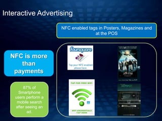 Interactive Advertising
                      NFC enabled tags in Posters, Magazines and
                                     at the POS




  NFC is more
     than
   payments

        87% of
     Smartphone
    users perform a
     mobile search
    after seeing an
           ad.
 