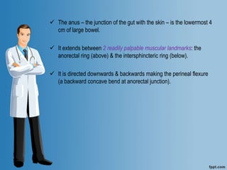  The anus – the junction of the gut with the skin – is the lowermost 4
cm of large bowel.
 It extends between 2 readily palpable muscular landmarks: the
anorectal ring (above) & the intersphincteric ring (below).
 It is directed downwards & backwards making the perineal flexure
(a backward concave bend at anorectal junction).
 