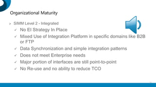  SIMM Level 2 - Integrated
 No EI Strategy In Place
 Mixed Use of Integration Platform in specific domains like B2B
or FTP
 Data Synchronization and simple integration patterns
 Does not meet Enterprise needs
 Major portion of interfaces are still point-to-point
 No Re-use and no ability to reduce TCO
21
Organizational Maturity
 