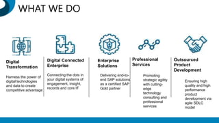 Digital
Transformation
Harness the power of
digital technologies
and data to create
competitive advantage
Digital Connected
Enterprise
Connecting the dots in
your digital systems of
engagement, insight,
records and core IT
Enterprise
Solutions
Delivering end-to-
end SAP solutions
as a certified SAP
Gold partner
Professional
Services
Promoting
strategic agility
with cutting-
edge
technology
consulting and
professional
services
Outsourced
Product
Development
Ensuring high
quality and high
performance
product
development via
agile SDLC
model
WHAT WE DO
 