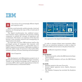 t the service of an increasingly efficient digital
and cognitive world
Big data, social networks, mobile networks, cloud and
analytics are disrupting the ways of life, of work and of
interaction.
The digital transformation has redeﬁned interac-
tions between clients, employees and partners, leading
companies to rethink the concepts of experience and
commitment. This leads to an explosion of the data that
become a new economic resource and consequently, an
opportunity to be seized.
For more than 100 years, IBM positions itself as the
privileged partner of companies who innovate, with
helping them to differentiate in a sustainable way in a
highly competitive environment. IBM makes available to
them the widest range of resources in the world: skills,
systems, software, services, ﬁnancing and technologies.
reas of expertise
The development and differentiation projects are at
the hearth of strategies for the IBM business customers.
Thanks to the business knowledge and IT expertise of
our teams, IBM is able to guide organisations in their di-
gital transformation, as illustrated bellow.
A
Our approach to the digital transformation
In order to propose always more innovative offers,
IBM runs an acquisition program in order to adapt its
portfolio of offers and services to the jobs of tomorrow.
n offensive acquisition strategy
In progress:
• BlueWolf group Llc, within the IBM Interactive Expe-
rience practice
• Truven Health Analytics will join the IBM Watson
entity
In 2016:
• Resilient system in the area of security
• Several digital agencies ecx.io, Aperto, Resource
Ammirati
• The Weather Company has enriched the Analytics
entity
A
A
Partners
 