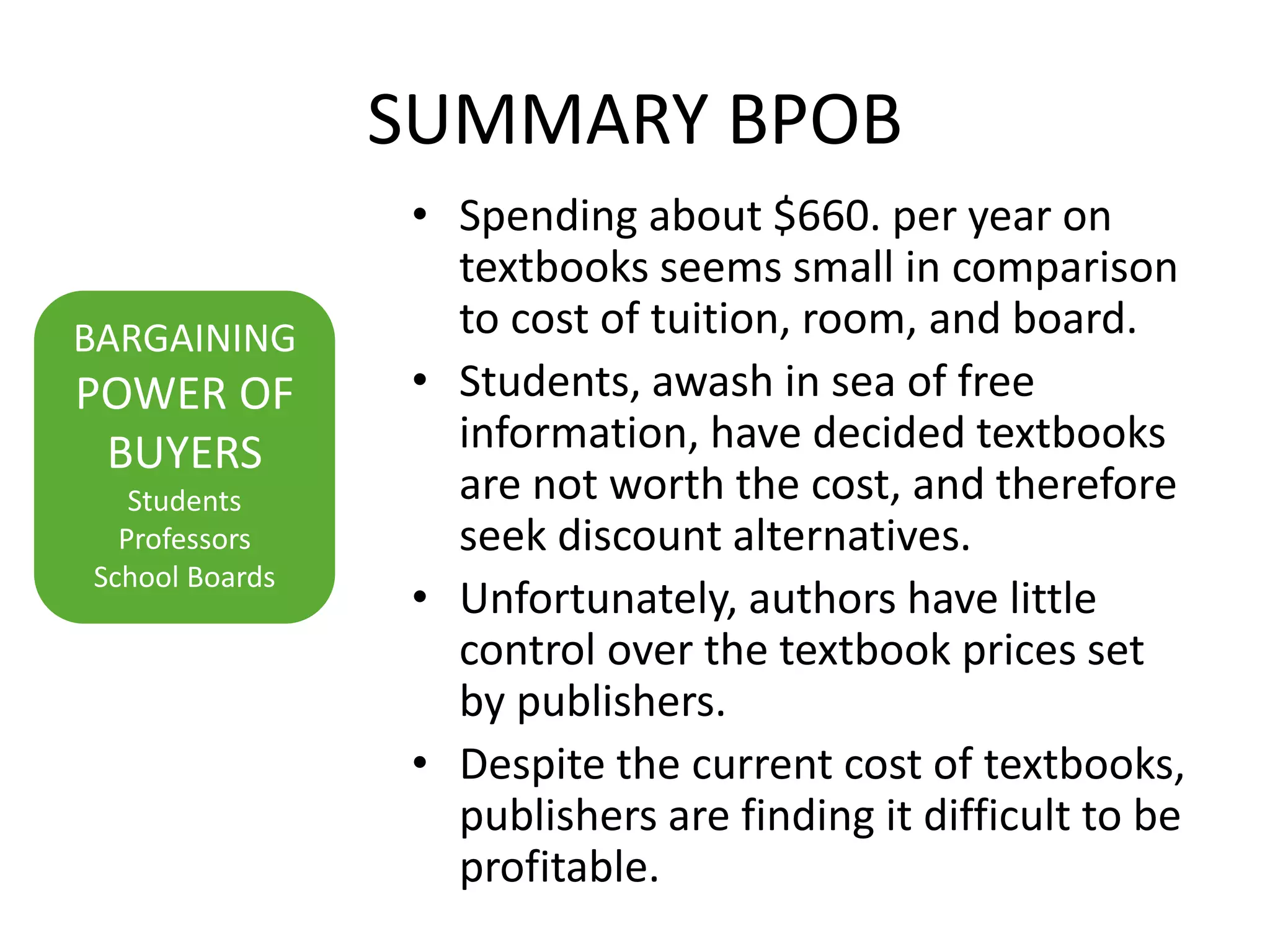 SUMMARY BPOB
• Spending about $660. per year on
textbooks seems small in comparison
to cost of tuition, room, and board.
• Students, awash in sea of free
information, have decided textbooks
are not worth the cost, and therefore
seek discount alternatives.
• Unfortunately, authors have little
control over the textbook prices set
by publishers.
• Despite the current cost of textbooks,
publishers are finding it difficult to be
profitable.
BARGAINING
POWER OF
BUYERS
Students
Professors
School Boards
 