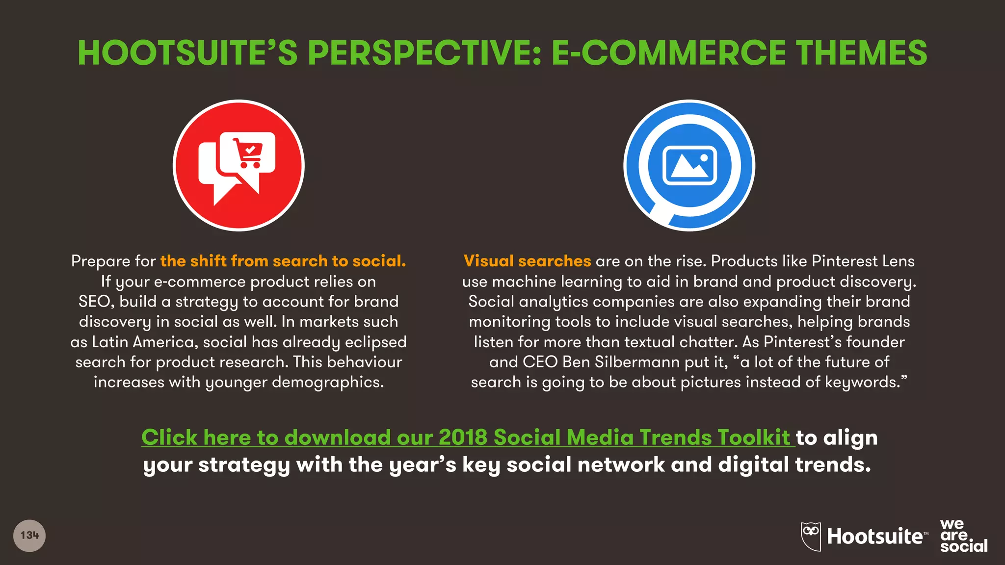 134
HOOTSUITE’S PERSPECTIVE: E-COMMERCE THEMES
Prepare for the shift from search to social.
If your e-commerce product relies on
SEO, build a strategy to account for brand
discovery in social as well. In markets such
as Latin America, social has already eclipsed
search for product research. This behaviour
increases with younger demographics.
Visual searches are on the rise. Products like Pinterest Lens
use machine learning to aid in brand and product discovery.
Social analytics companies are also expanding their brand
monitoring tools to include visual searches, helping brands
listen for more than textual chatter. As Pinterest’s founder
and CEO Ben Silbermann put it, “a lot of the future of
search is going to be about pictures instead of keywords.”
Click here to download our 2018 Social Media Trends Toolkit to align
your strategy with the year’s key social network and digital trends.
 