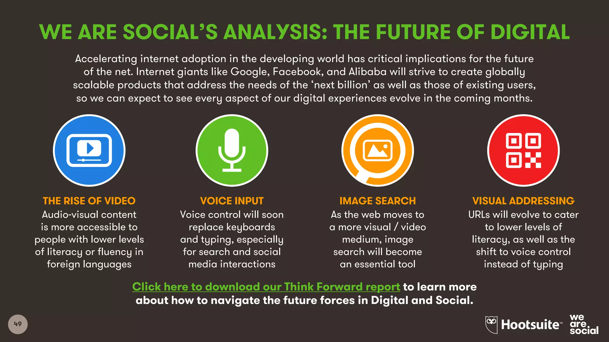 49
Accelerating internet adoption in the developing world has critical implications for the future
of the net. Internet giants like Google, Facebook, and Alibaba will strive to create globally
scalable products that address the needs of the ‘next billion’ as well as those of existing users,
so we can expect to see every aspect of our digital experiences evolve in the coming months.
WE ARE SOCIAL’S ANALYSIS: THE FUTURE OF DIGITAL
THE RISE OF VIDEO VOICE INPUT IMAGE SEARCH VISUAL ADDRESSING
Audio-visual content
is more accessible to
people with lower levels
of literacy or fluency in
foreign languages
Voice control will soon
replace keyboards
and typing, especially
for search and social
media interactions
As the web moves to
a more visual / video
medium, image
search will become
an essential tool
URLs will evolve to cater
to lower levels of
literacy, as well as the
shift to voice control
instead of typing
Click here to download our Think Forward report to learn more
about how to navigate the future forces in Digital and Social.
 