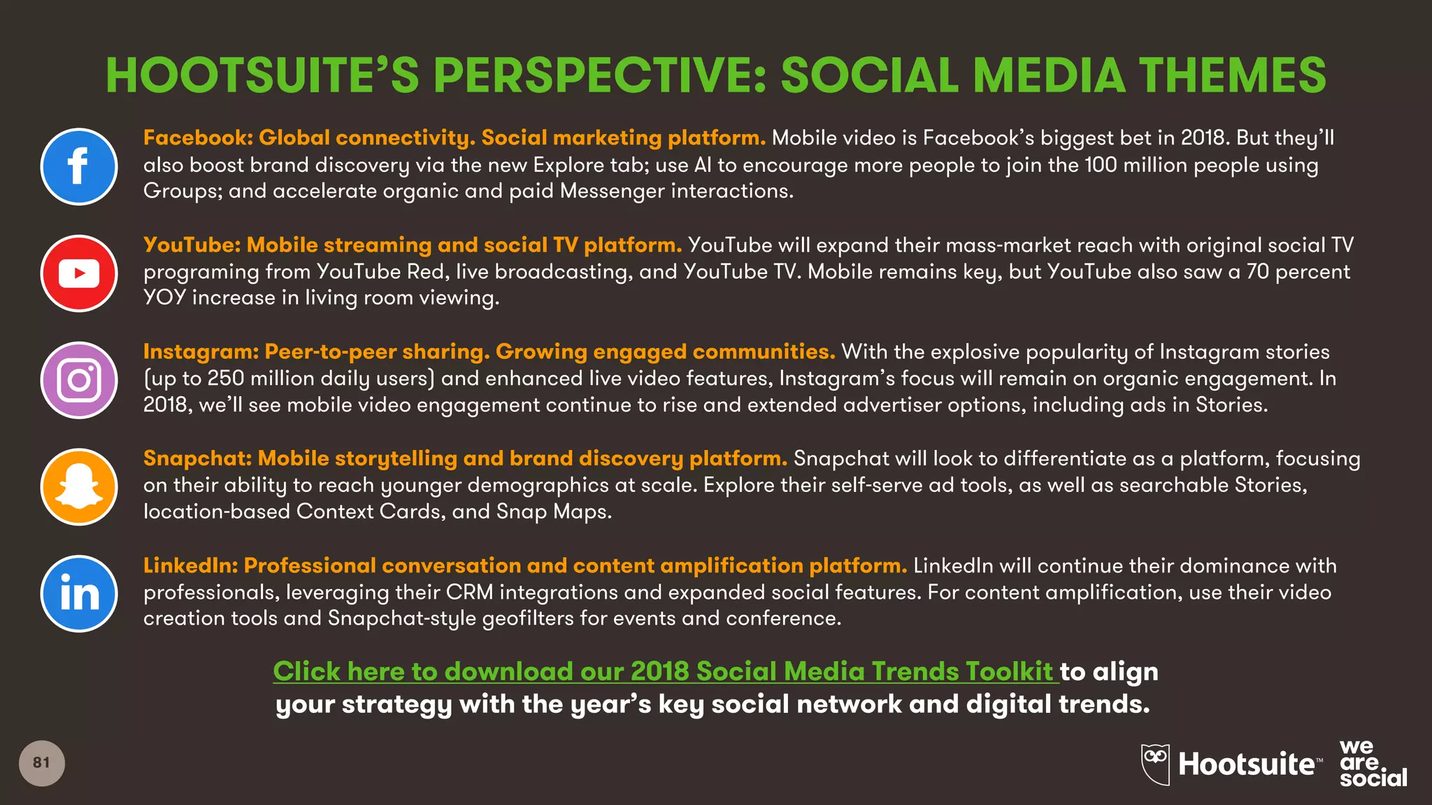 81
HOOTSUITE’S PERSPECTIVE: SOCIAL MEDIA THEMES
Click here to download our 2018 Social Media Trends Toolkit to align
your strategy with the year’s key social network and digital trends.
Facebook: Global connectivity. Social marketing platform. Mobile video is Facebook’s biggest bet in 2018. But they’ll
also boost brand discovery via the new Explore tab; use AI to encourage more people to join the 100 million people using
Groups; and accelerate organic and paid Messenger interactions.
YouTube: Mobile streaming and social TV platform. YouTube will expand their mass-market reach with original social TV
programing from YouTube Red, live broadcasting, and YouTube TV. Mobile remains key, but YouTube also saw a 70 percent
YOY increase in living room viewing.
Instagram: Peer-to-peer sharing. Growing engaged communities. With the explosive popularity of Instagram stories
(up to 250 million daily users) and enhanced live video features, Instagram’s focus will remain on organic engagement. In
2018, we’ll see mobile video engagement continue to rise and extended advertiser options, including ads in Stories.
Snapchat: Mobile storytelling and brand discovery platform. Snapchat will look to differentiate as a platform, focusing
on their ability to reach younger demographics at scale. Explore their self-serve ad tools, as well as searchable Stories,
location-based Context Cards, and Snap Maps.
LinkedIn: Professional conversation and content amplification platform. LinkedIn will continue their dominance with
professionals, leveraging their CRM integrations and expanded social features. For content amplification, use their video
creation tools and Snapchat-style geofilters for events and conference.
 