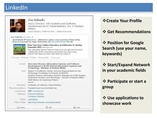 LinkedIn
           Create Your Profile

            Get Recommendations

            Position for Google
           Se...