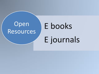 E books
E journals
Open
Resources
 