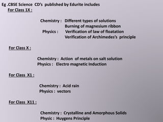 Eg .CBSE Science CD’s published by Edurite includes
For Class 1X :
Chemistry : Different types of solutions
Burning of magnesium ribbon
Physics : Verification of law of floatation
Verification of Archimedes’s principle
For Class X :
Chemistry : Action of metals on salt solution
Physics : Electro magnetic Induction
For Class X1 :
Chemistry : Acid rain
Physics : vectors
For Class X11 :
Chemistry : Crystalline and Amorphous Solids
Physic : Huygens Principle
 